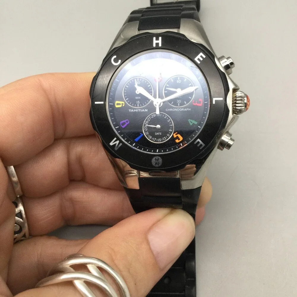 Michele Tahitian Jelly Bean Chronograph Womens Watch 37mm Black Dial New Battery